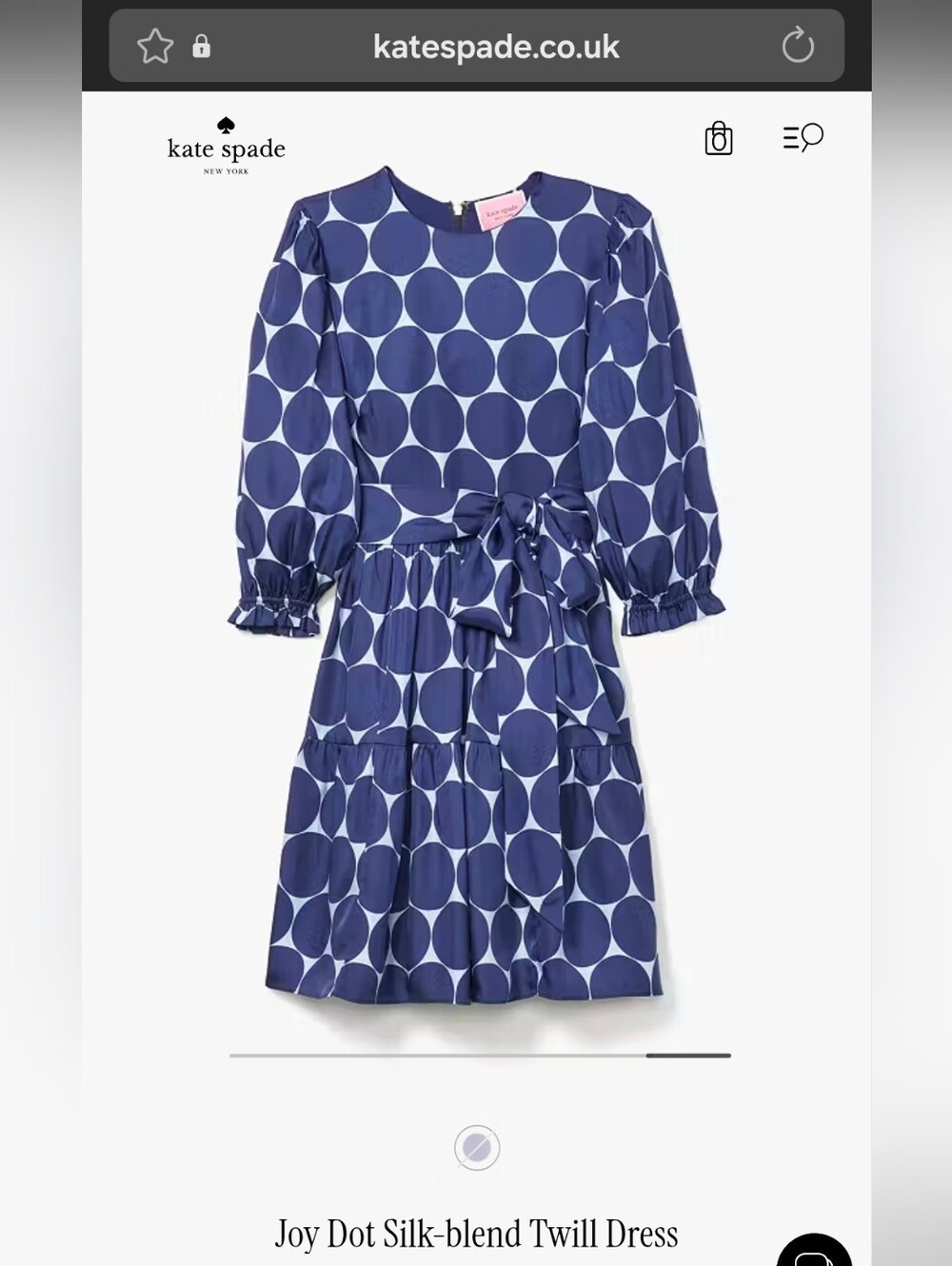 kate spade pink-label Joy-Dot silk dress ¾ sleeves navy/baby blue circles sz 12